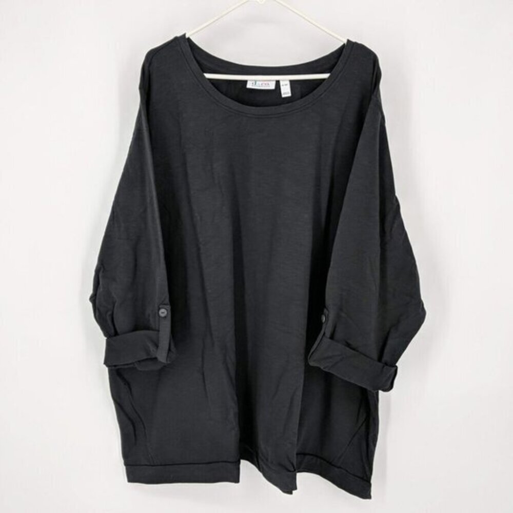 Denim & Co. Active Petite French Terry 3/4-Sleeve Tunic Shirt Top 5XP Black